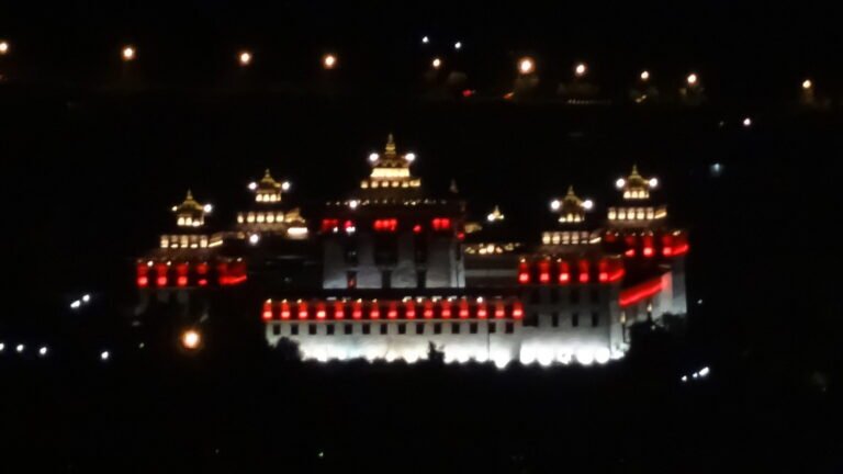 Bhutanese dzong lit up at night