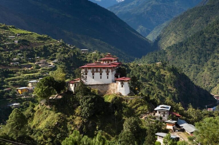 Lhuentse Dzong on a ridge above the valley, Bhutan